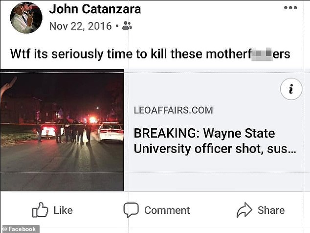 Facebook post by Catanzara with a link to the shooting of an officer